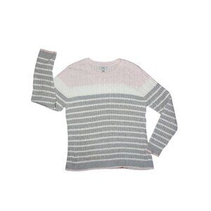 Croft & Barrow Pink Gray White Cable Knit Striped Pullover Crew Sweater XL
